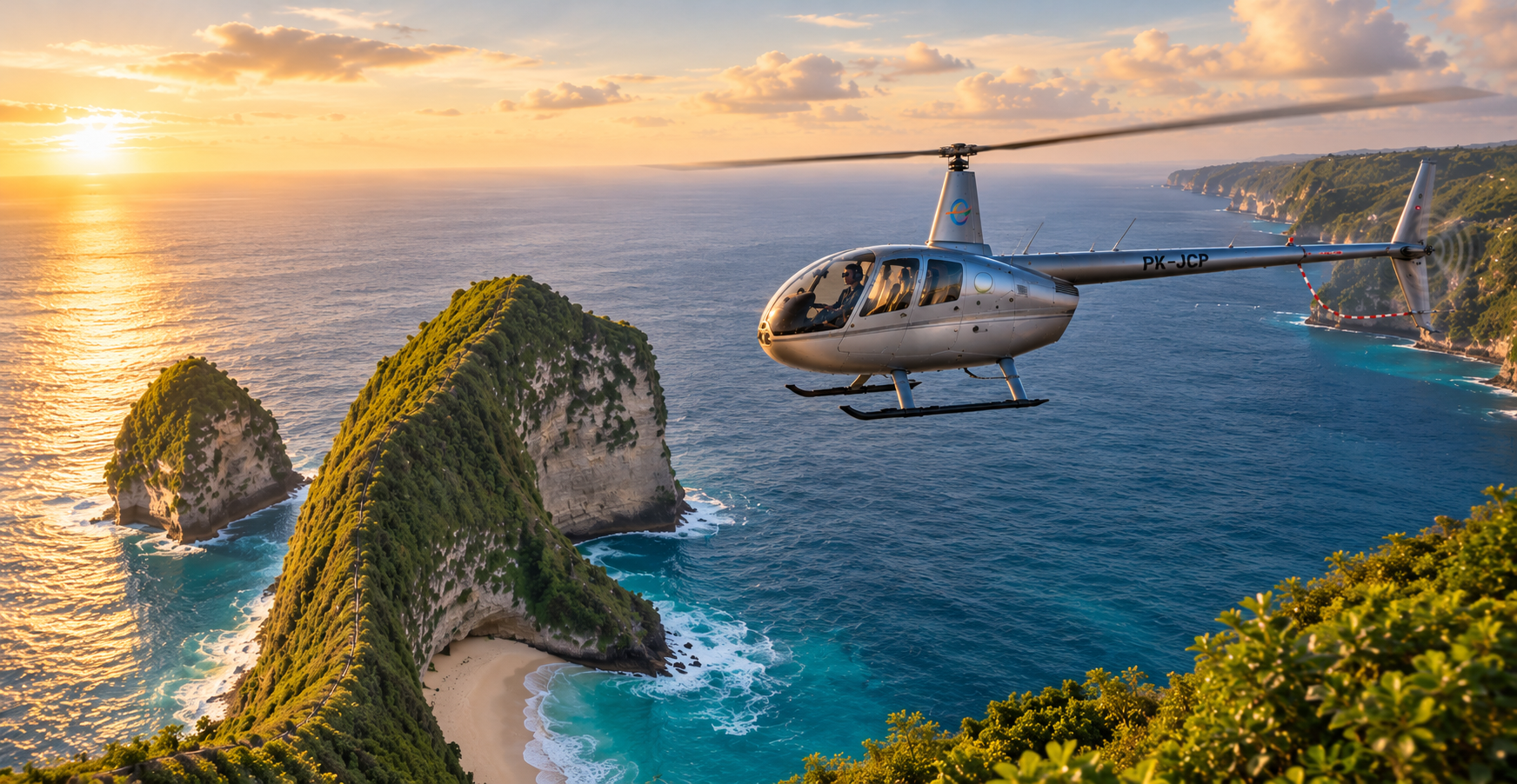 Black VIP corporate helicopter flying over a stunning Indonesian landscape at sunset with a volcano in the background