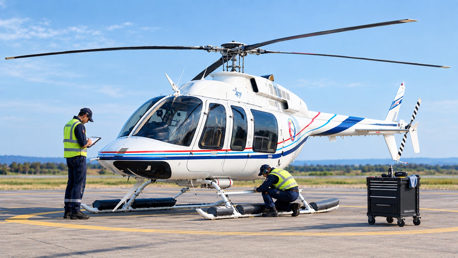 Private jet hangar at dawn with engineers conducting pre-flight checks