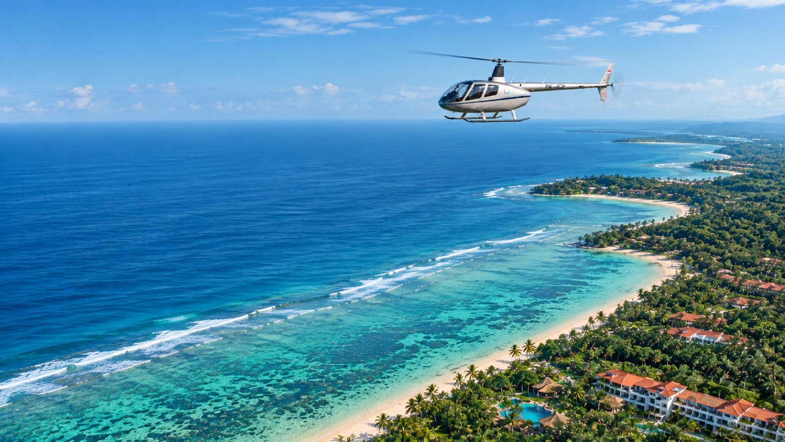 Helicopter flying along the Bali coastline on a scenic tourism flight
